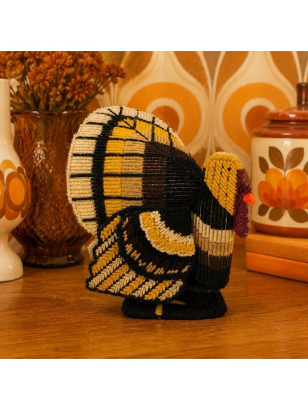 Vintage Needlepoint Turkey Thanksgiving Decor Yarn Plastic Canvas Handmade